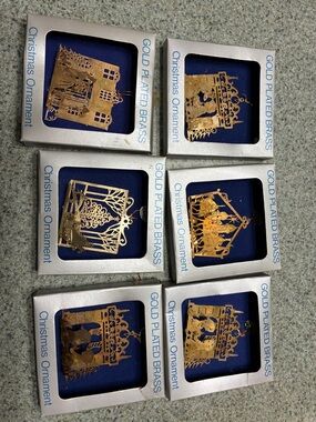 Gold Plated Brass Vintage Christmas Ornaments - Set of 6